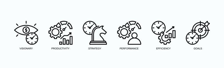 Success Metrics Icon Set Icon Set Isolated Vector Illustration Concept With Icon Of Visionary, Productivity, Strategy, Performance, Efficiency, Goals In Outline Style