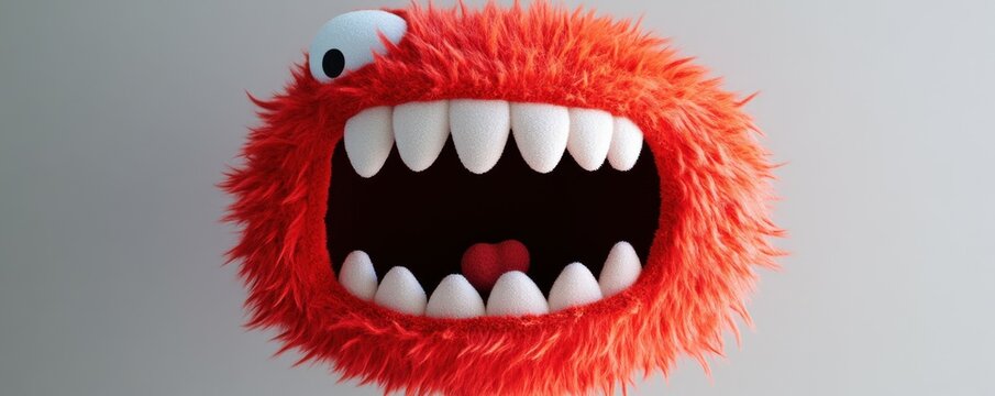 red fuzzy plush monster mouth, soft toy design, vibrant colors, unique shape, playful concept, children s decor, fun accessory, cartoonish style, attention grabbing object