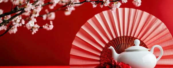 Red paper fan, cherry blossoms, and white teapot create an elegant Chinese New Year scene with cultural symbolism and festive spirit