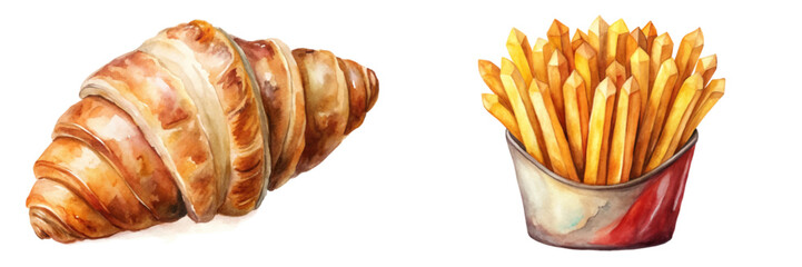 Delicious croissant, crispy French fries, watercolor illustration, food art, culinary design, appetizing visuals.