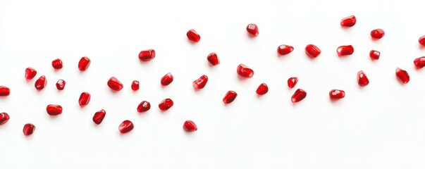 Red pomegranate seeds scattered on a white surface, vibrant food photography, healthy eating theme.