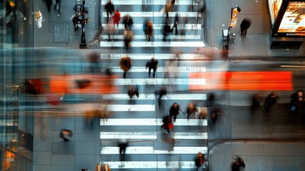 A dynamic aerial view of bustling pedestrian activity at a vibrant city crosswalk under bright city lights.