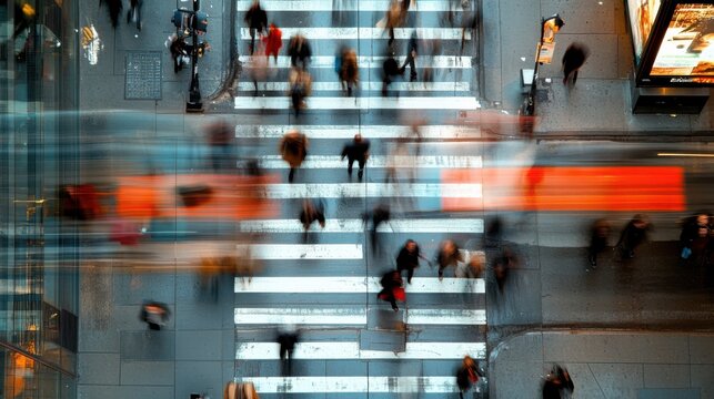 A dynamic aerial view of bustling pedestrian activity at a vibrant city crosswalk under bright city lights. - Powered by Adobe