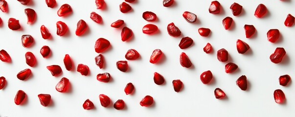 Red pomegranate seeds scattered on a white surface, vibrant food photography, healthy eating theme.