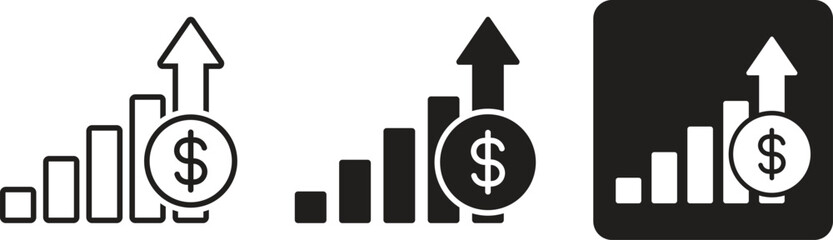 Dollar income vector icon set, dollar increase and cost increase symbol with three different styles isolated. Vector illustration