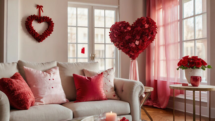 Valentine's Day-Themed Living Room with Pink and Red Heart Decor, Cozy Sofa, and Ample Copy Space in Background.