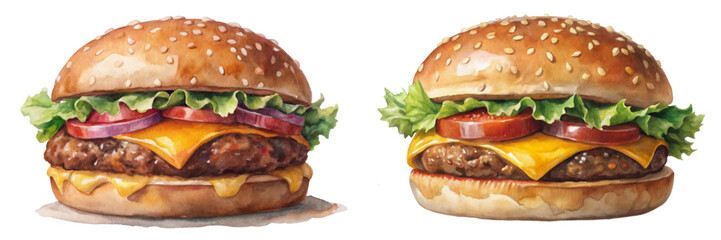 Delicious cheeseburgers, vibrant colors, fresh ingredients, watercolor style, appetizing presentation, fast food illustration.