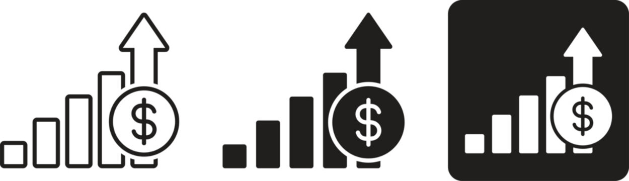 Dollar income vector icon set, dollar increase and cost increase symbol with three different styles isolated. Vector illustration