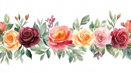 Fototapeta premium Watercolor Rose Border, Floral Wreath, Wedding Invitation