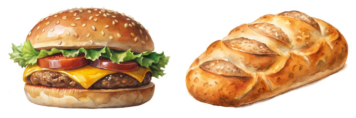 Delicious cheeseburger with lettuce, tomato, and cheese. Freshly baked bread loaf. Food illustration, vibrant colors.