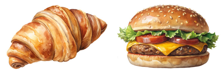 Delicious croissant, classic hamburger, food illustration, watercolor style, culinary art, breakfast and lunch, appetizing visuals.