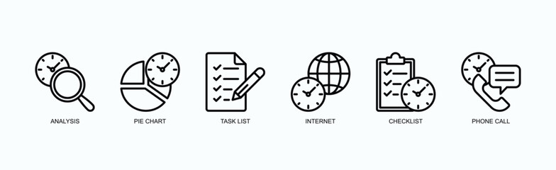 Insight Task Network Icon Set Isolated Vector Illustration Concept With Icon Of Analysis, Pie Chart, Task List, Internet, Checklist, Phone Call In Outline Style