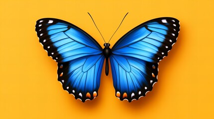 Obraz premium Vibrant blue morpho butterfly on a sunny yellow background. A striking image of nature's beauty.