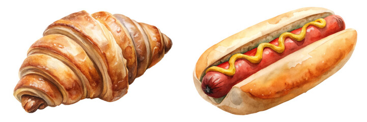 Delicious croissant, classic hot dog, watercolor illustration, food art, culinary design, vibrant colors, appetizing visuals.