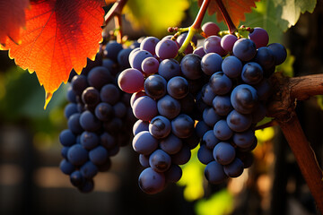 Fototapeta premium Blue grapes cluster on vine with copy-space against sunlight,. Generative AI