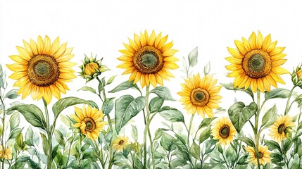 Obraz premium Watercolor Sunflowers Border, Floral Design