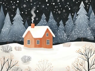Cozy wooden cabin surrounded by snow-covered trees under a starry winter night sky
