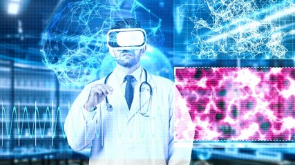 Medical worker holding medical document hologram while standing at laboratory. Doctor checking and looking at brain hologram to analyzing symptom while wearing virtual reality headset. Apparatus.