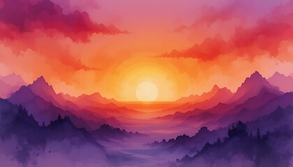 Fototapeta premium Scenic Sunset in Mountains with Vibrant Sky and Serene Landscape Wallpaper Background Generative AI