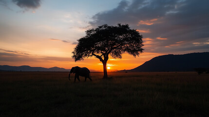 A lone elephant walking across a vast grassland under a pastel-colored sunset, minimal.