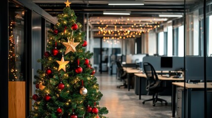 Fototapeta premium Office decorated for Christmas with a festive tree and twinkling lights in a modern workspace