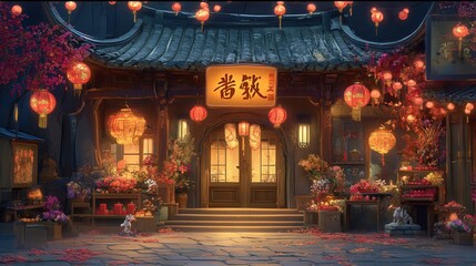 A Chinese New Year sign with the character symbolizing family togetherness. The design includes lanterns, flowers, and red envelopes