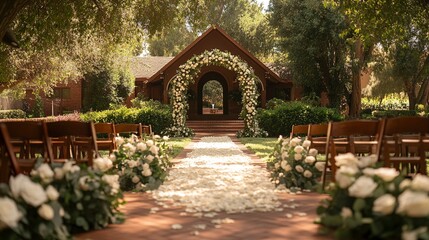 Fototapeta premium Romantic Outdoor Wedding Ceremony Venue with Flower Arch and Petal Aisle