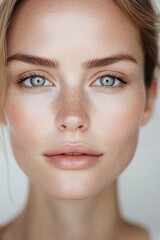 Obraz premium Close-up portrait showcasing flawless skin and captivating blue-green eyes of a young woman in natural light at a neutral backdrop