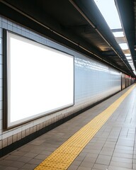 Empty subway station platform featuring a blank advertising space with yellow safety line in an underground location during daylight hours
