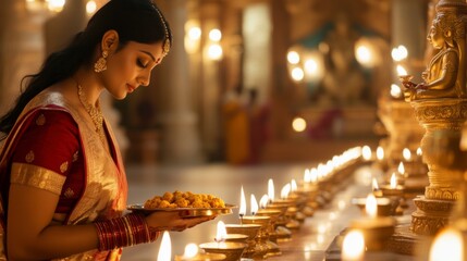 Obraz premium Diwali Devotion: A young woman in a vibrant red and gold sari offers a prayer, delicately holding a plate of sweets before a row of glowing diyas (oil lamps) in a beautifully ornate temple setting.