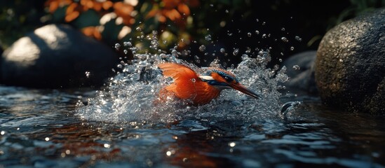 Fototapeta premium Kingfisher diving into water, splashing. (2)