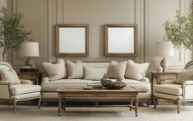 Fototapeta premium Elegant living room interior design, beige sofa, wooden furniture, calm atmosphere, home decor