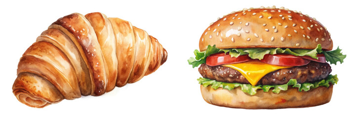 Delicious croissant, juicy burger, watercolor illustration, food art, culinary design, vibrant colors, appetizing visuals.
