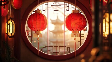 A Chinese New Year-themed round window background, featuring decorative red lanterns and golden accents.
