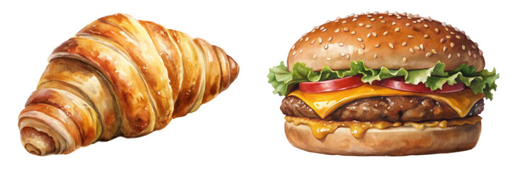 Delicious croissant, savory hamburger, food illustration, bakery items, fast food, appetizing design, culinary art.