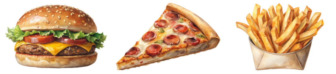 Delicious fast food, classic burger, cheesy pizza slice, crispy French fries, appetizing meal options.