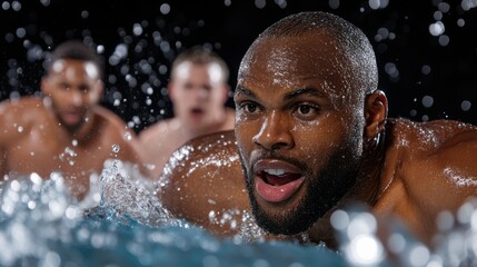 Focused swimmer races through the water, captured in mid-motion, as droplets splash energetically, showcasing strength and determination.