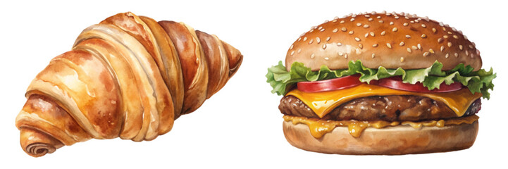 Delicious croissant, juicy hamburger, food illustration, culinary art, appetizing snacks, breakfast and lunch, vibrant colors.