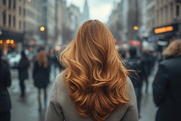 Woman with long red hair in a busy urban street full of pedestrians and city lights during overcast weather
