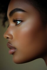 Fototapeta premium Profile view of a young woman showcasing natural beauty and healthy skin tone with delicate features during soft lighting conditions