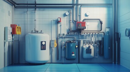 Technological equipment of small gas boiler house. Pipes for gas and for water. Electric pumps. Gas boilers. The water tank. Compressor and filters. Various temperature and pressure sensors.
