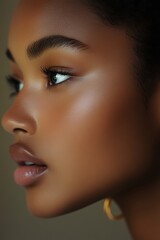 Close-up of a young woman's profile showcasing her radiant skin and striking features against a neutral background