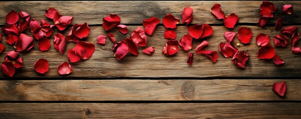 Rose petals scattered on a rustic wooden background, creating a romantic and natural atmosphere, perfect for themes of love, celebration, and elegance The warm tones enhance the visual appeal
