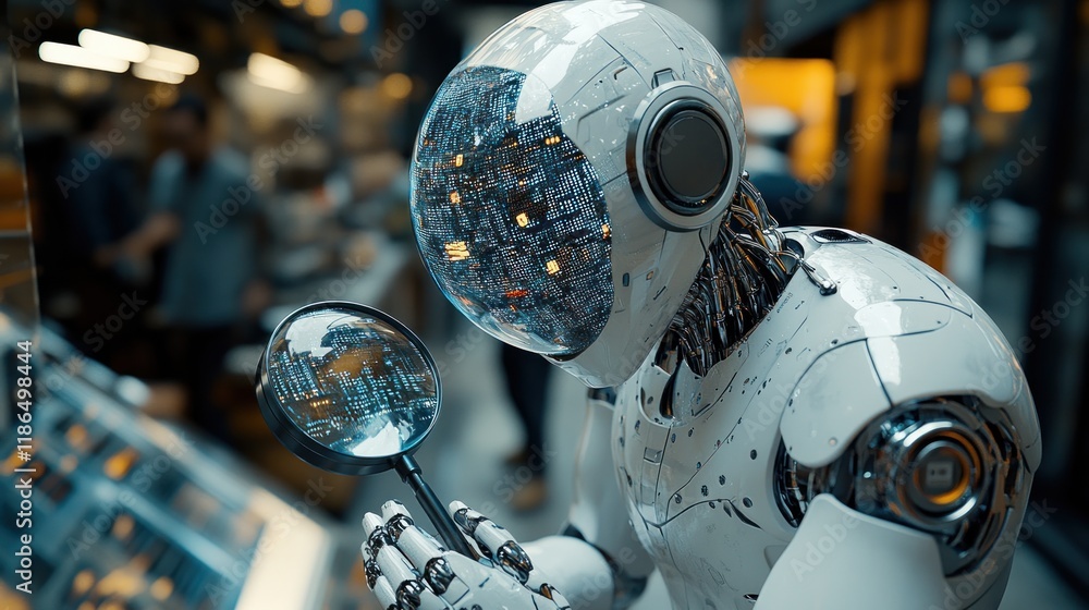 Poster advanced robot inspecting data with magnifying glass in futuristic city