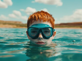 Fototapeta premium Young Boy with Red Hair in Snorkel Gear Enjoys Summer Swim