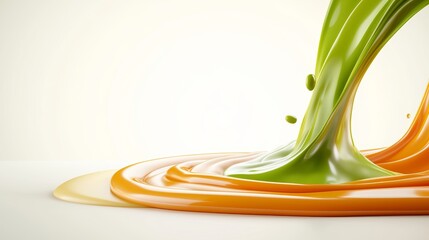 Close-up of green and orange liquids pouring and flowing, creating abstract swirls and splashes against a white background.
