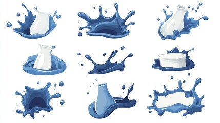 Obraz premium Dairy splashes logo. Cartoon milk emblem stain, drop, blots, round shapes, wave with lettering. Sticker and label for dairy groceries in shop, market. Silhouette milky vector elements.