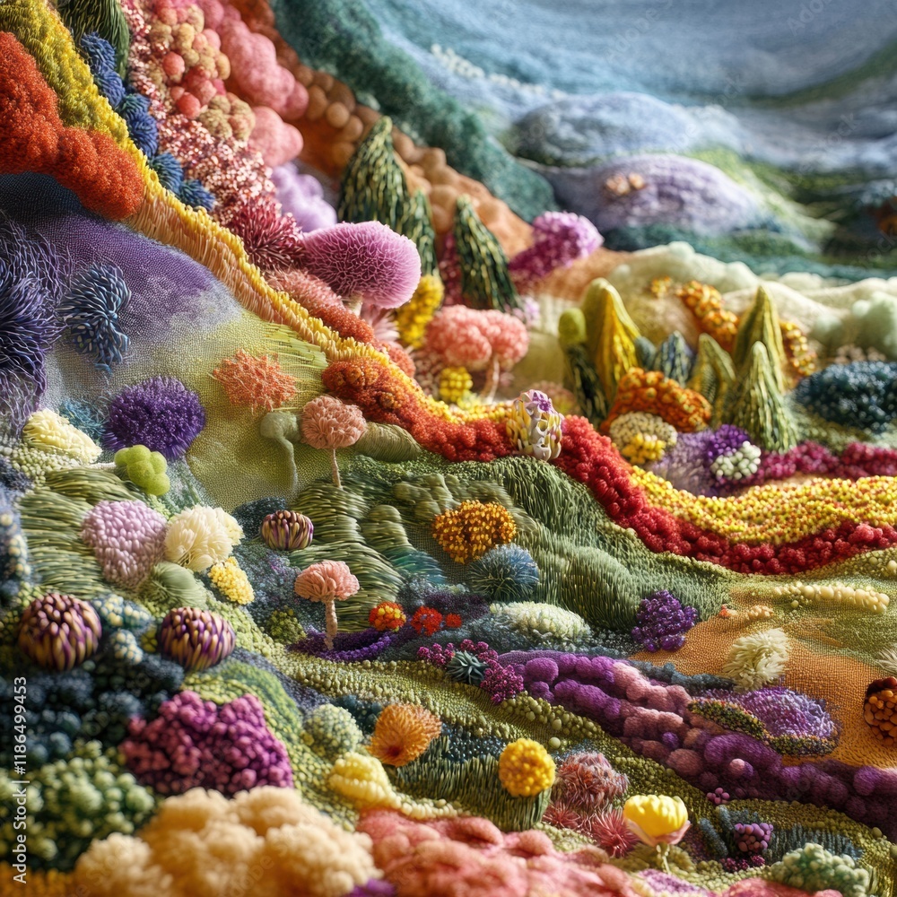 Poster bacteria forms and textures create a vibrant landscape resembling a whimsical terrain in a microscop