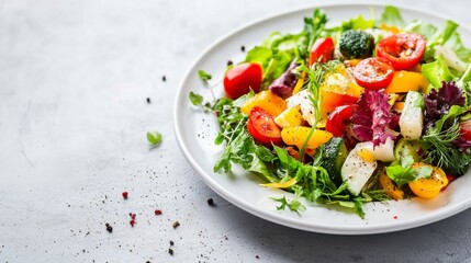 Vibrant Vegetable Salad: A colorful mix of fresh vegetables, including cherry tomatoes, bell peppers, and leafy greens, artfully arranged on a white plate, creating a healthy and appetizing image. 