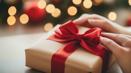 Christmas Gift Unwrapping: A pair of hands gently caress a beautifully wrapped Christmas gift, adorned with a vibrant red ribbon and bow. The warm bokeh of Christmas lights forms a magical backdrop. 